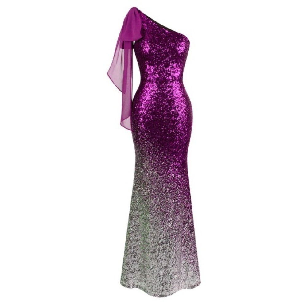 Angel Fashions Purple Silver Sequin Maxi Formal Mermaid Dress One Shoulder Small